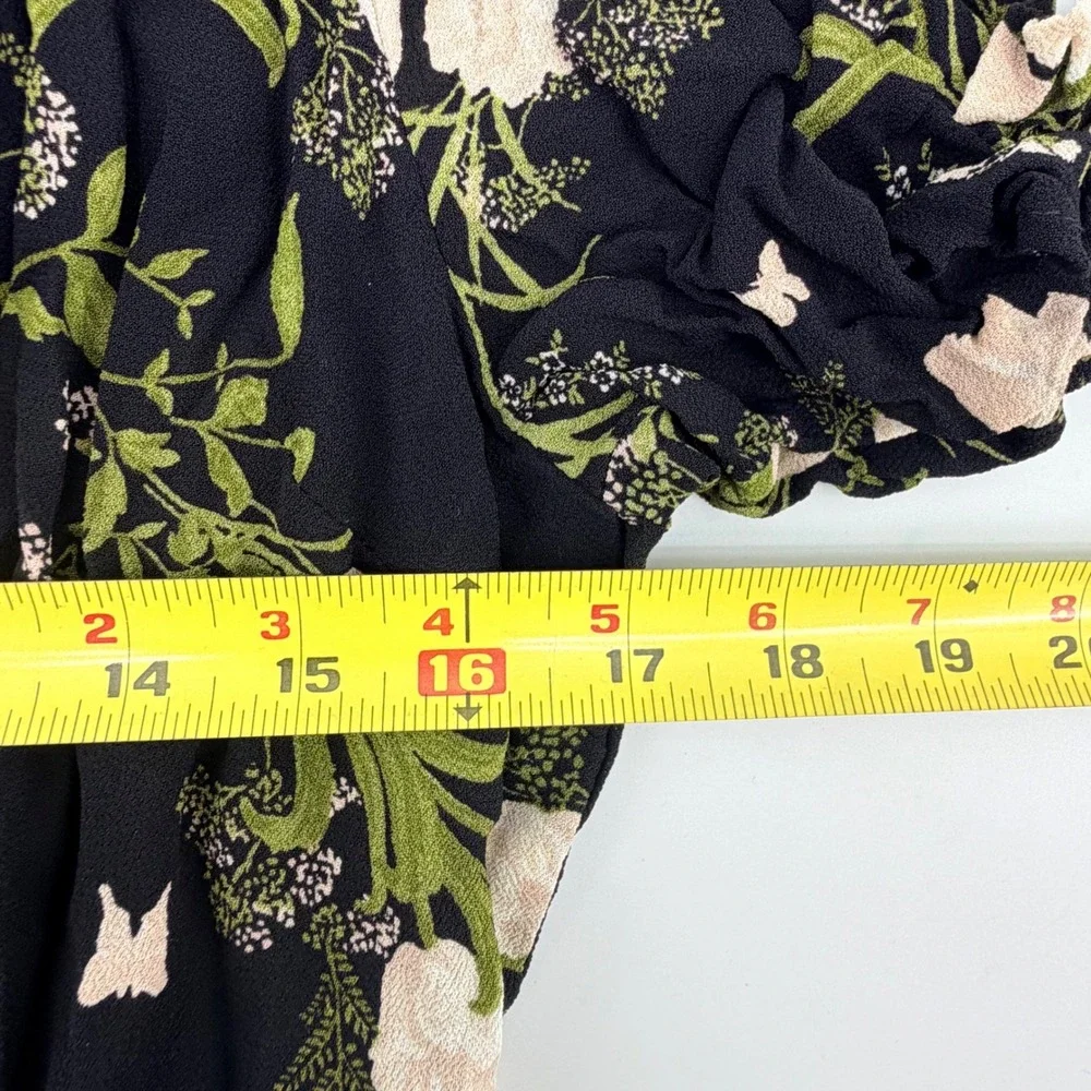 Reformation Lucky Wrap Romper XL Black Floral Viscose Ruffle Hem Womens